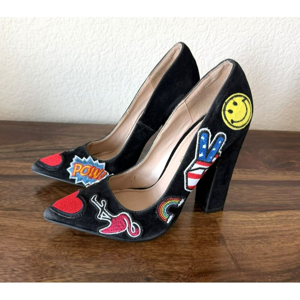 Shoe Republic LA Black Velvet Block Heeled Size 6 patch work